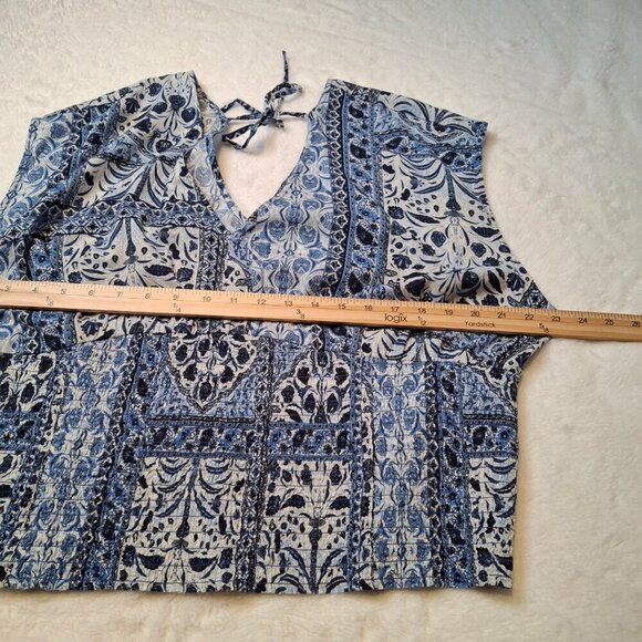 Old Navy Floral Crop Top Sz XXL Smocked Waist Back Tie Boho Peasant Coastal Blue - Picture 12 of 14